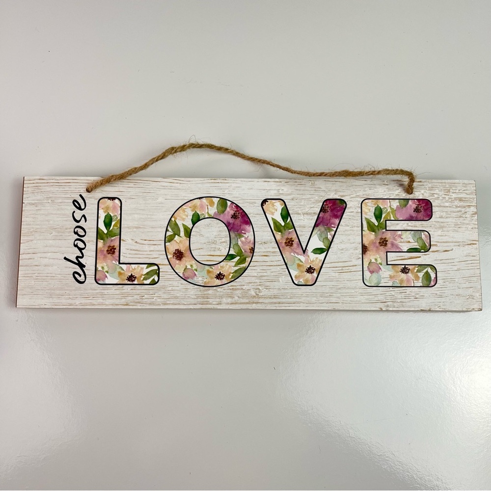 Wooden Floral Print “Love” Quote Hanging Wall Sign Jute Rope 11.25”x3.25”x0.5”